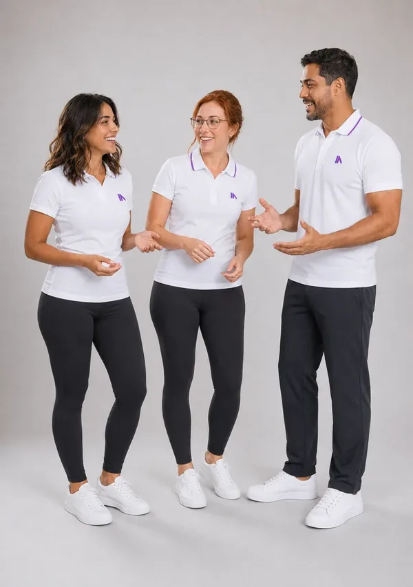 Sofia, Clara e Bruno conversando, de uniforme branco com o símbolo da NoBoring