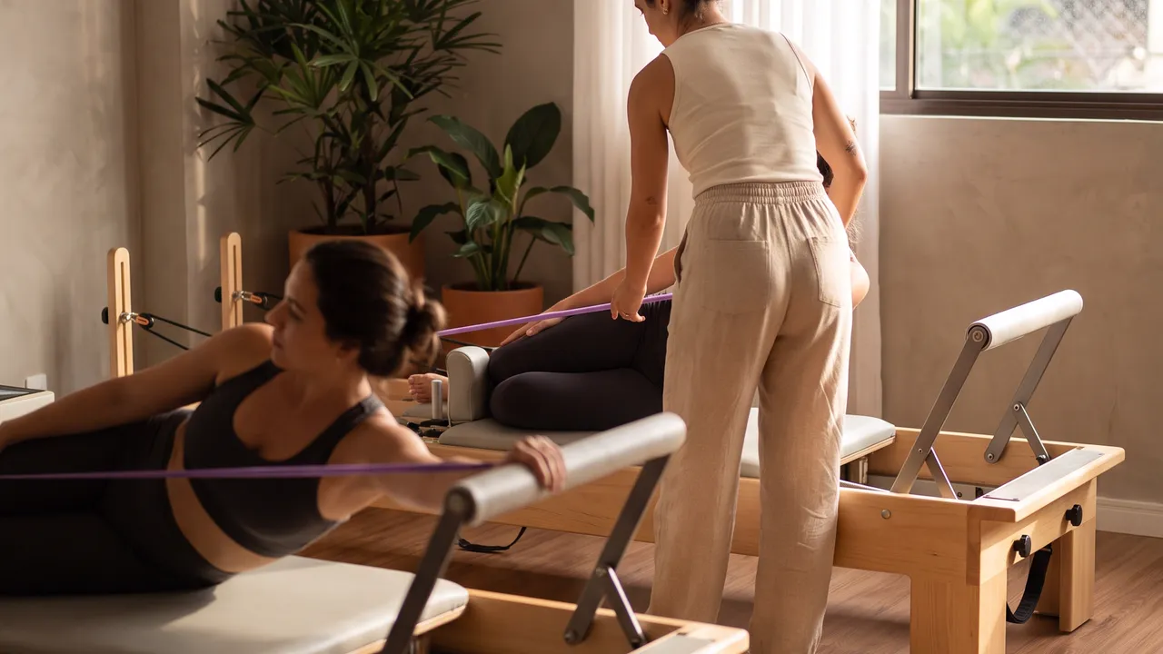 Estúdio de pilates com dois reformers de madeira, aluna de perfil com faixa elástica roxa e instrutora de costas. Cena ilustrativa.